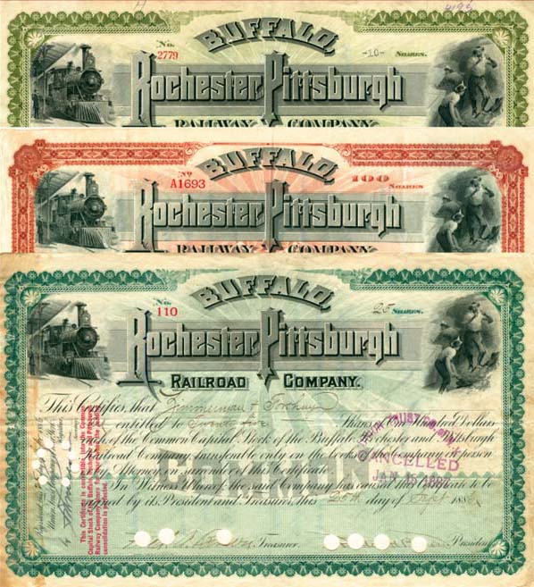 Buffalo, Rochester and Pittsburgh Railway - Set of 3 Stock Certificates