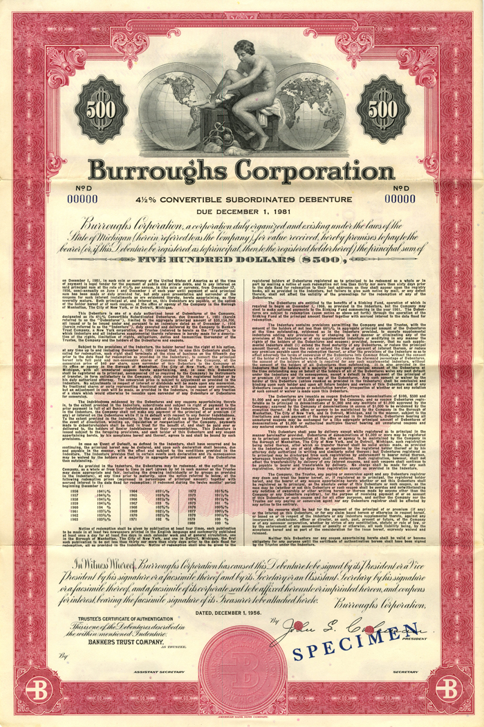 Burroughs Corporation $500 Bond