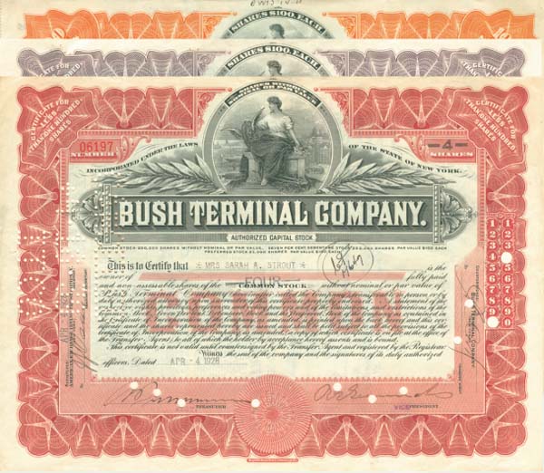 Bush Terminal Co. - 1920's-30's dated Shipping Stock Set of 3 Different Colors - Three Stock Certificate Set