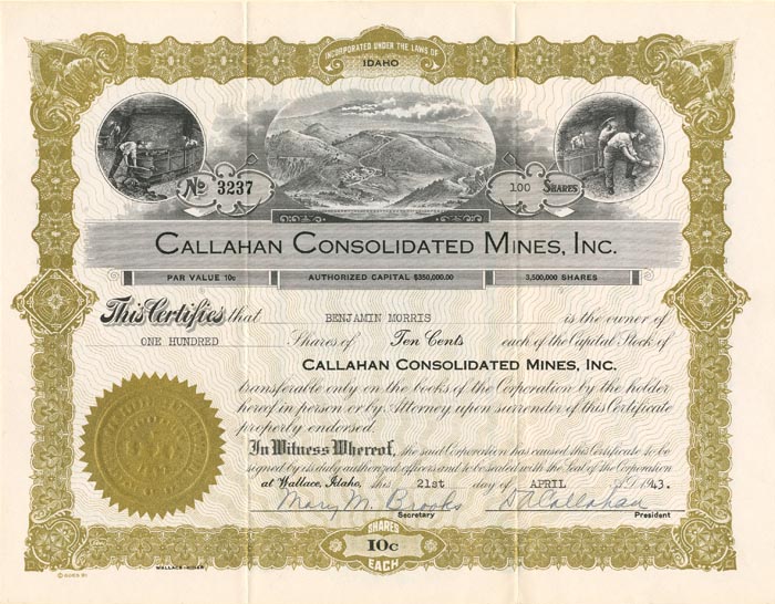 Callahan Consolidated Mines, Inc. - Stock Certificate