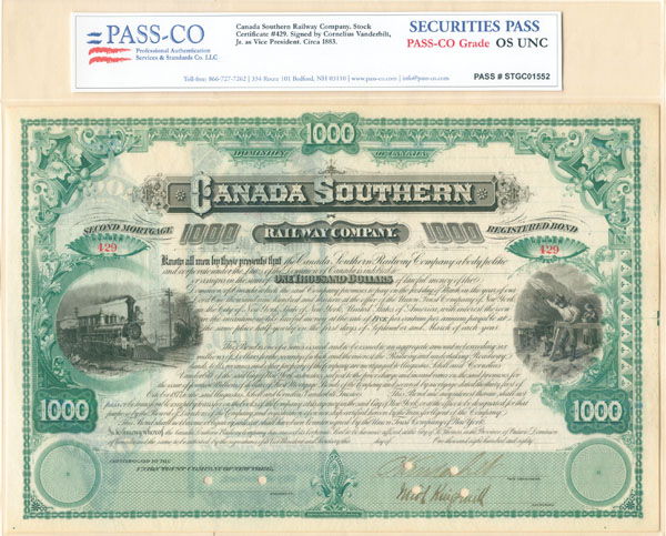 Canada Southern Railway - Stock Certificate