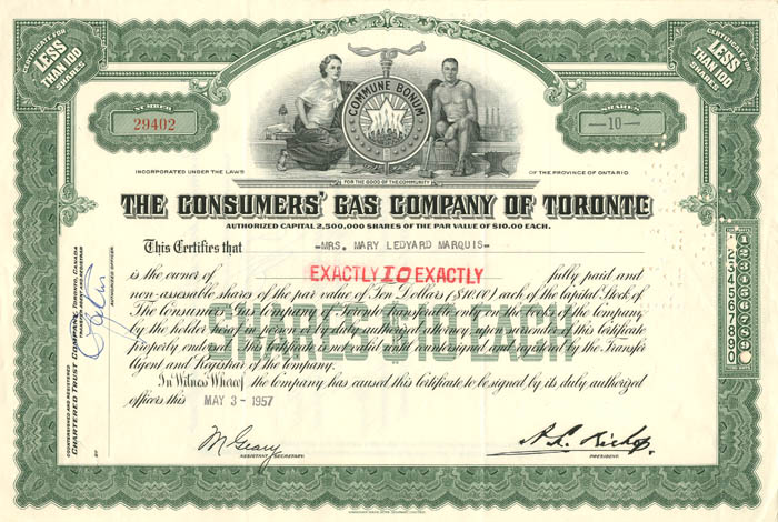 Consumers' Gas Co. of Toronto - Stock Certificate
