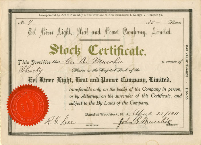 Eel River Light, Heat and Power Co., Limited - Stock Certificate