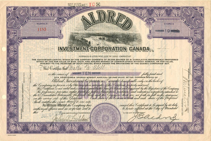 Aldred Investment Corporation Canada - 1936 dated Canadian Stock Certificate