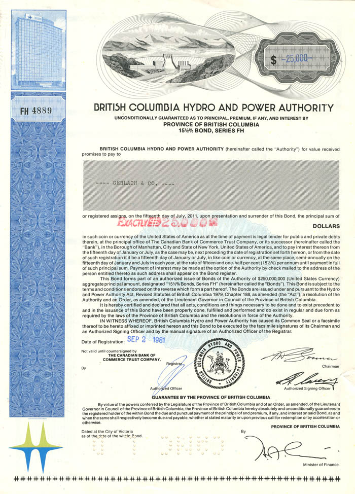 British Columbia Hydro and Power Authority - $25,000 Denominated Bond