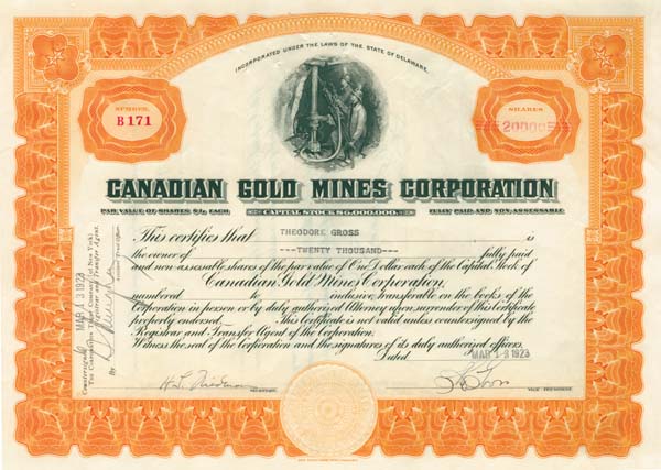 Canadian Gold Mines Corporation - Stock Certificate