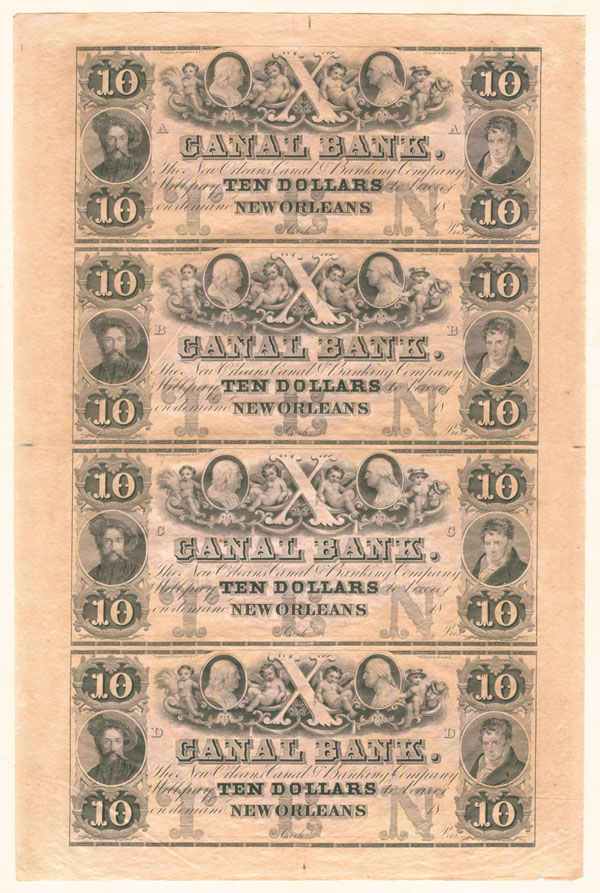 $10 Canal Bank - Uncut Obsolete Sheet of 4 Notes - Broken Bank Notes - Paper Money