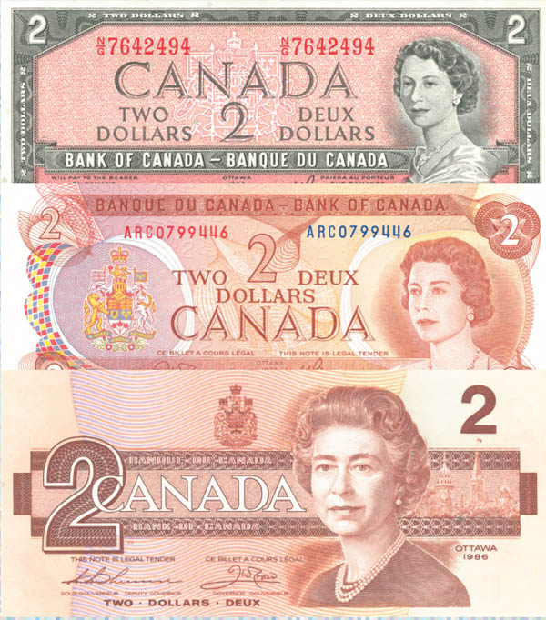 Canada - 2 Canadian dollar, Set of 3 - P-76d,P-86b,P-94b - 1954, 1974, 1986 Dated Foreign Paper Money