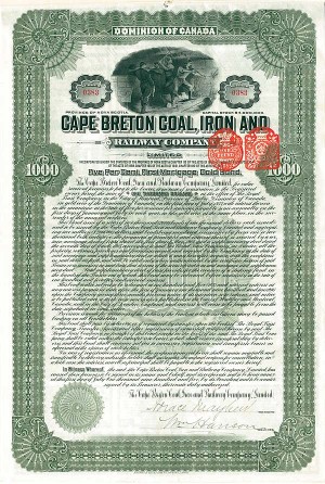 Cape Breton Coal, Iron and Railway Co. Limited - $1,000 Bond (Uncanceled)