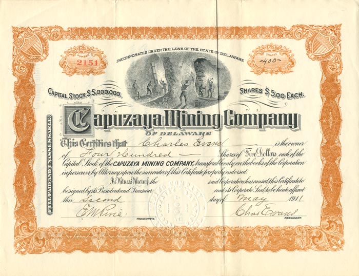 Capuzaya Mining Co. of Delaware - Stock Certificate