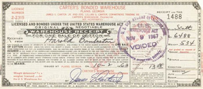 James E. Carter, Jr. signed Warehouse Receipt