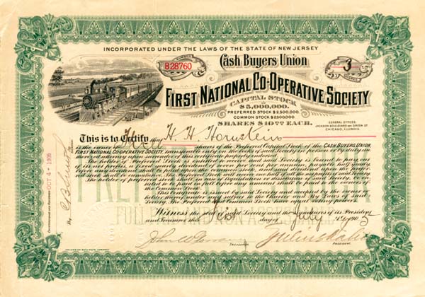 Cash Buyers Union, First National Co-Operative Society - Stock Certificate