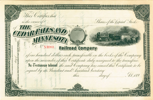 Cedar Falls and Minnesota Railroad - Stock Certificate
