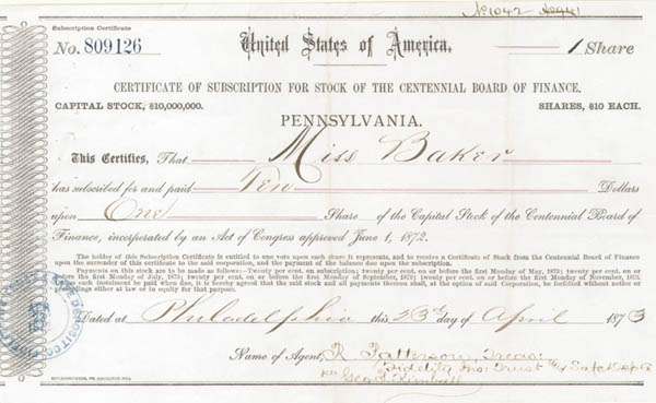 Certificate of Subscription for Stock of the Centennial Board of Finance