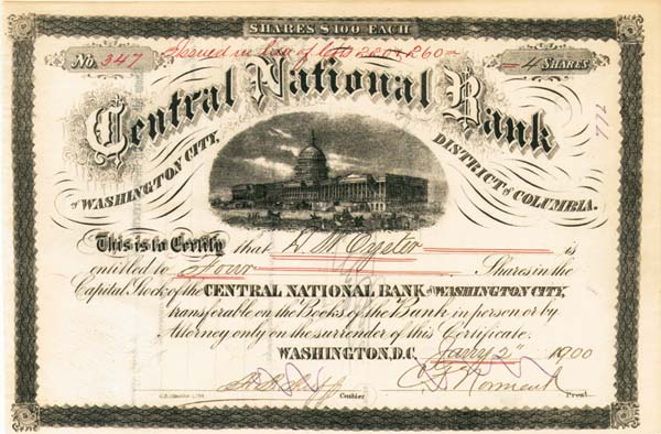 Central National Bank of Washington City, DC - Stock Certificate