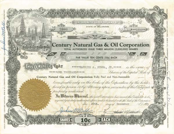 Century Natural Gas and Oil Corporation - Stock Certificate