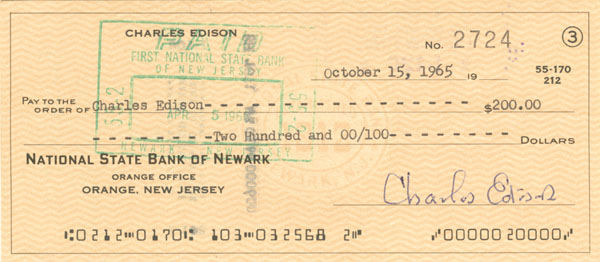 Charles Edison signed Check