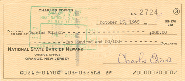 Charles Edison signed Check