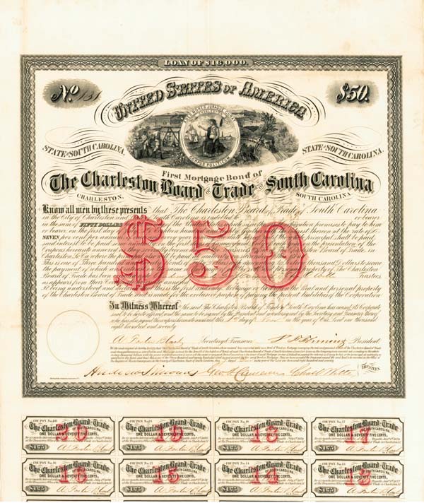 Charleston Board of Trade of South Carolina (Uncanceled) - 1870 dated $50 Charleston, South Carolina Bond