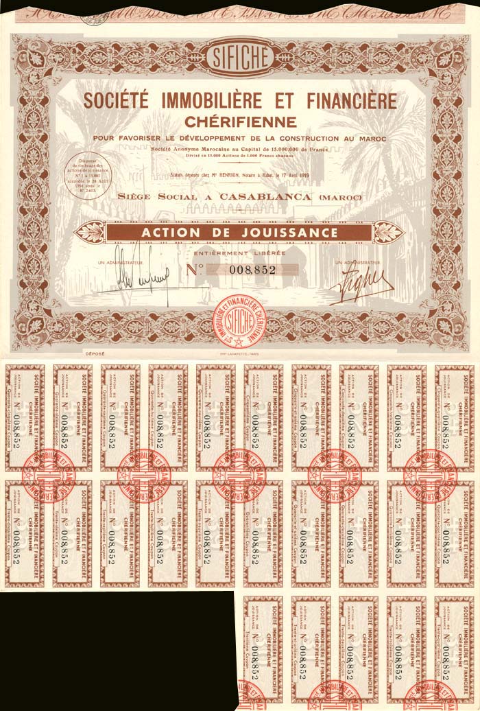 Societe Immobiliere Et Financiere Cherifienne - Stock Certificate