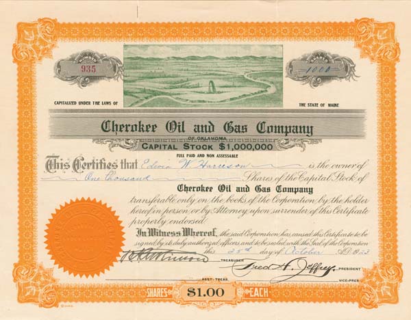 Cherokee Oil and Gas Co. of Oklahoma - Stock Certificate