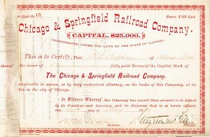 Stuyvesant Fish - Chicago and Springfield Railroad - 1883 dated Autograph Stock Certificate