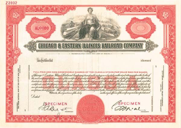 Chicago and Eastern Illinois Railroad - Specimen Stock Certificate