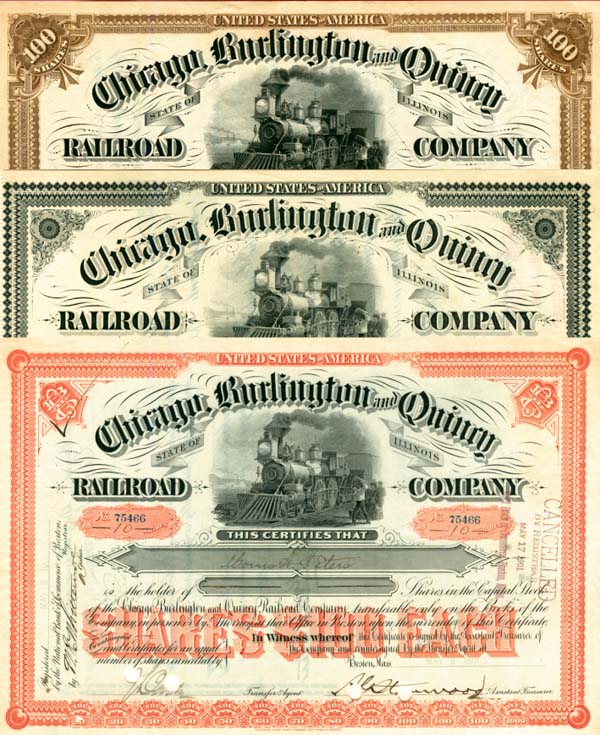 Chicago, Burlington and Quincy Railroad Co. - Stock Certificate - Choose Your Color Type