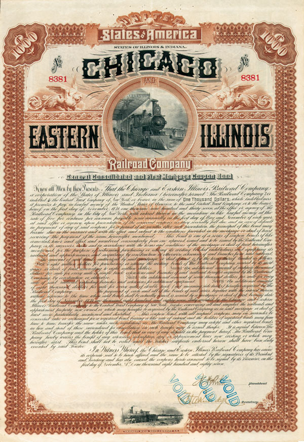 Chicago and Eastern Illinois Railroad Company - $1,000 Bond