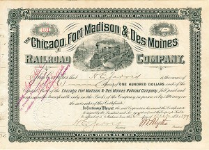 Chicago, Fort Madison and Des Moines Railroad - Stock Certificate