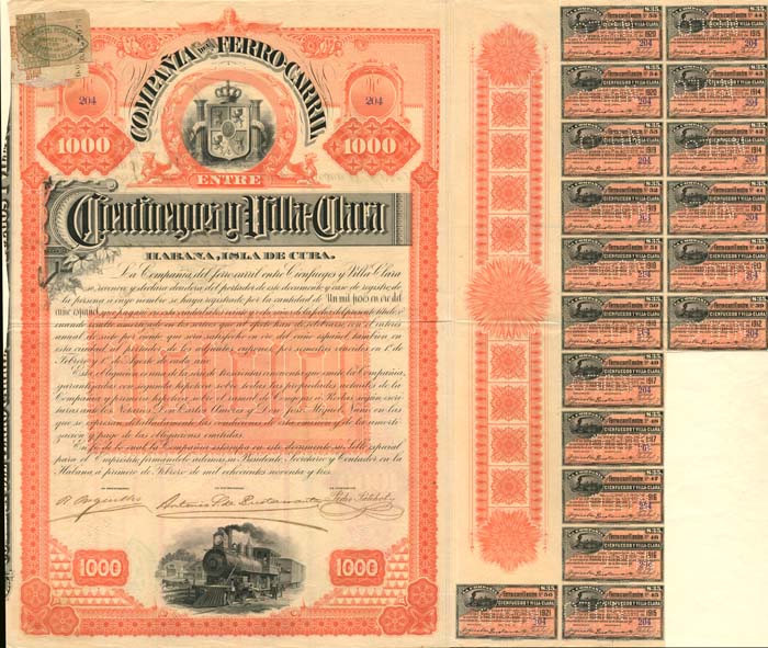 Compania Del Ferro-Carril Cienfuegos y Villa-Clara - 1895 dated 1,000 Pesos Cuban Bond - Cuba