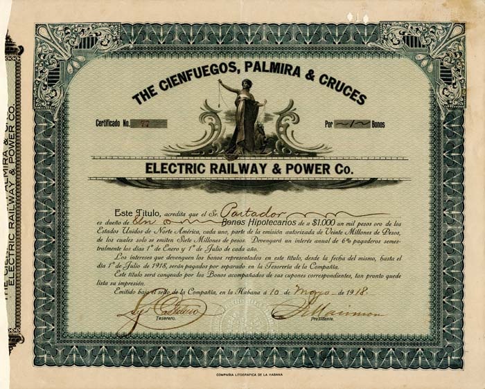 Cienfuegos, Palmira and Cruces Electric Railway and Power Co. - 1,000 Gold Pesos Uncanceled Cuba Bond