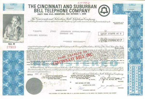 Cincinnati and Suburan Bell Telephone Co. - Bond