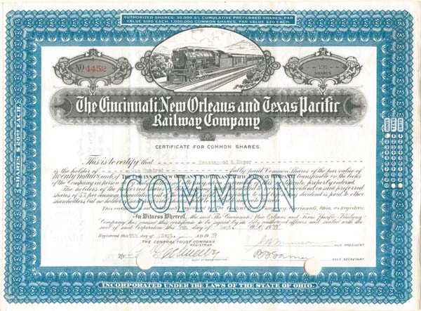 Cincinnati, New Orleans and Texas Pacific Railway Co. - Stock Certificate