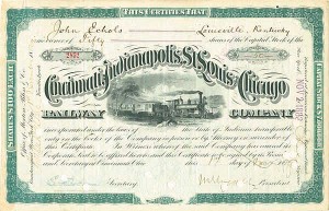 Confederate Soldier John Echols issued to/signed Cincinnati, Indianapolis, St. Louis and Chicago - Autograph Railroad Stock Certificate