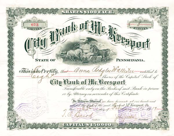 City Bank of McKeesport - Stock Certificate