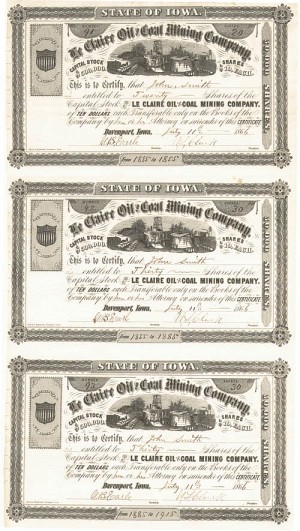 Le Claire Oil and Coal Mining Co. - 1866 dated Uncut Sheet of 3 Stock Certificates - Three Fully Issued Stocks Uncut