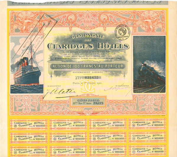 Compagnie des Claridges Hotels - Stock Certificate