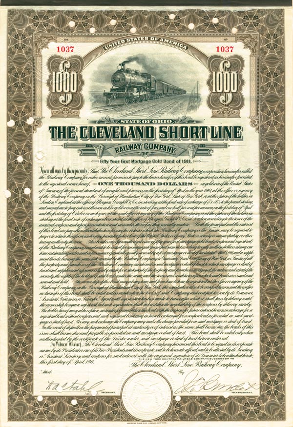 Cleveland Short Line Railway Co. - $1,000 Railroad Gold Bond