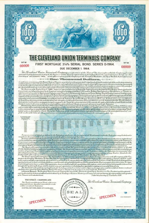 Cleveland Union Terminals Co. - Specimen Bond