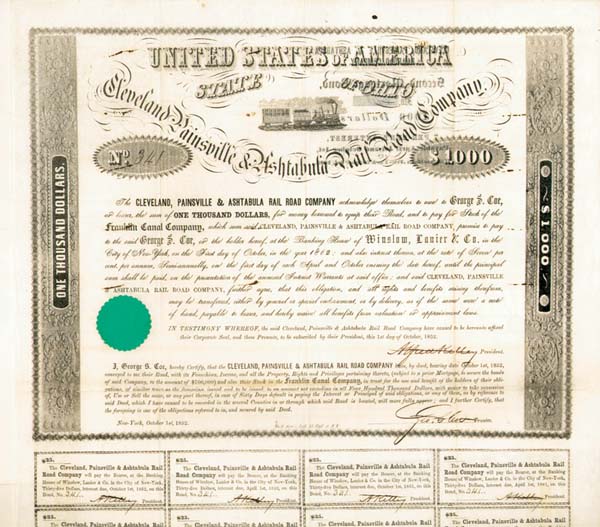 Cleveland, Painsville and Ashtabula Railroad Co. - $1000 Bond