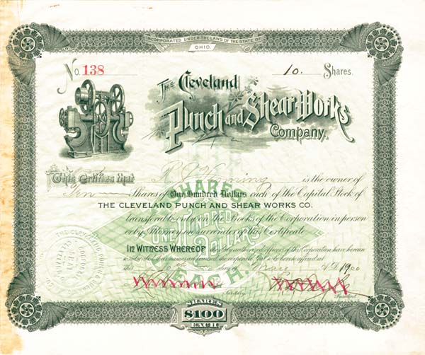 Cleveland Punch and Shear Works Co - Stock Certificate