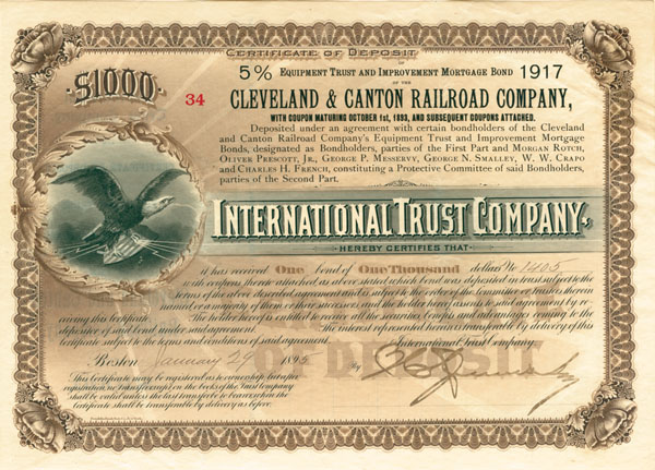 Cleveland and Canton Railroad 5% Equipment Trust and Improvement Mortgage Bond Certificate