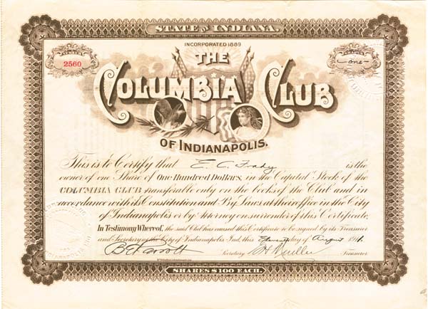 Columbia Club of Indianapolis - Stock Certificate