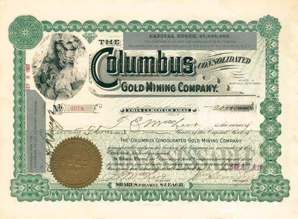 Columbus Consolidated Gold Mining Co. - Stock Certificate