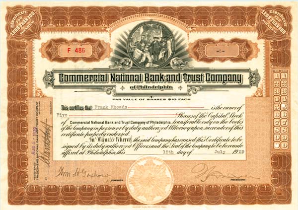 Commercial National Bank and Trust Co. of Philadelphia - Stock Certificate