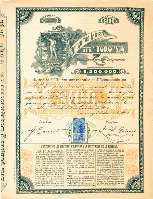 Compania Minera Y Beneficiadora Del Toro S. A. - Stock Certificate