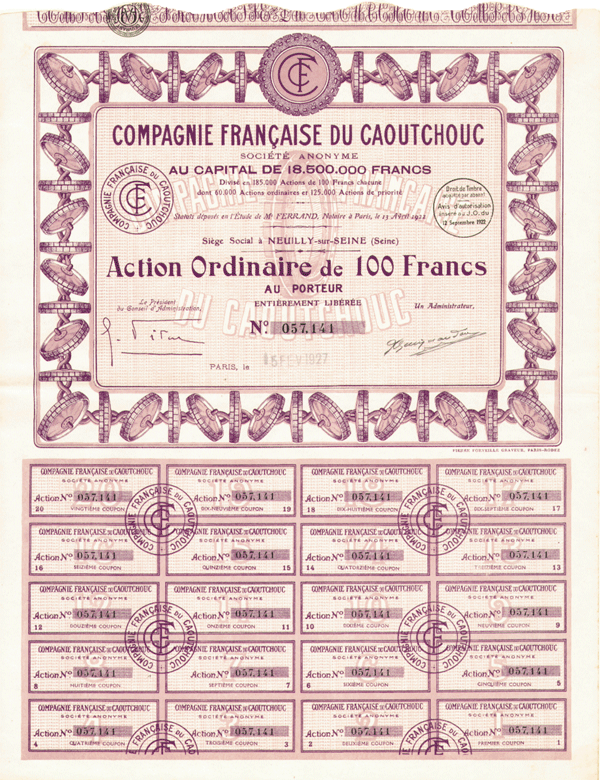 Compagnie Francaise du Caoutchouc - Stock Certificate