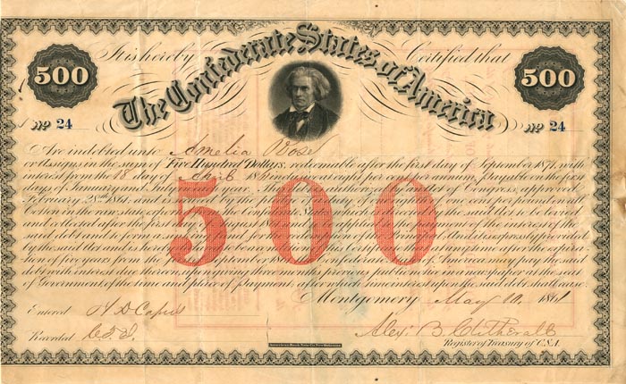 $500 Confederate States of America Bond - Ball #14 Criswell #3