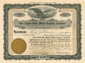 Copper-Gold Mines Leasing Co. - Stock Certificate
